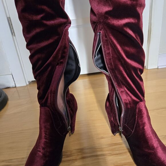 Catherine Malandrino Velva Over  Knee Boots Velvet  7.5 Heeled  Maroon Red EUC - Picture 7 of 16